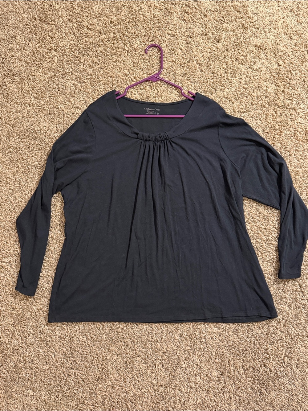 Coldwater Creek Black Long-Sleeve Scoop Neck Top with Front Pleats